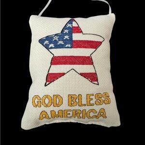 Patriotic Star Cross-Stitched Mini Pillow - "God Bless America"
